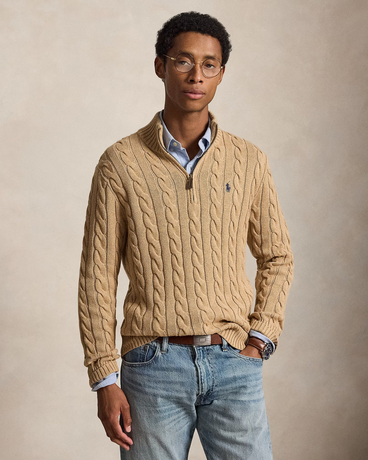 Cable-Knit Quarter-Zip Jumper - Camel Melange