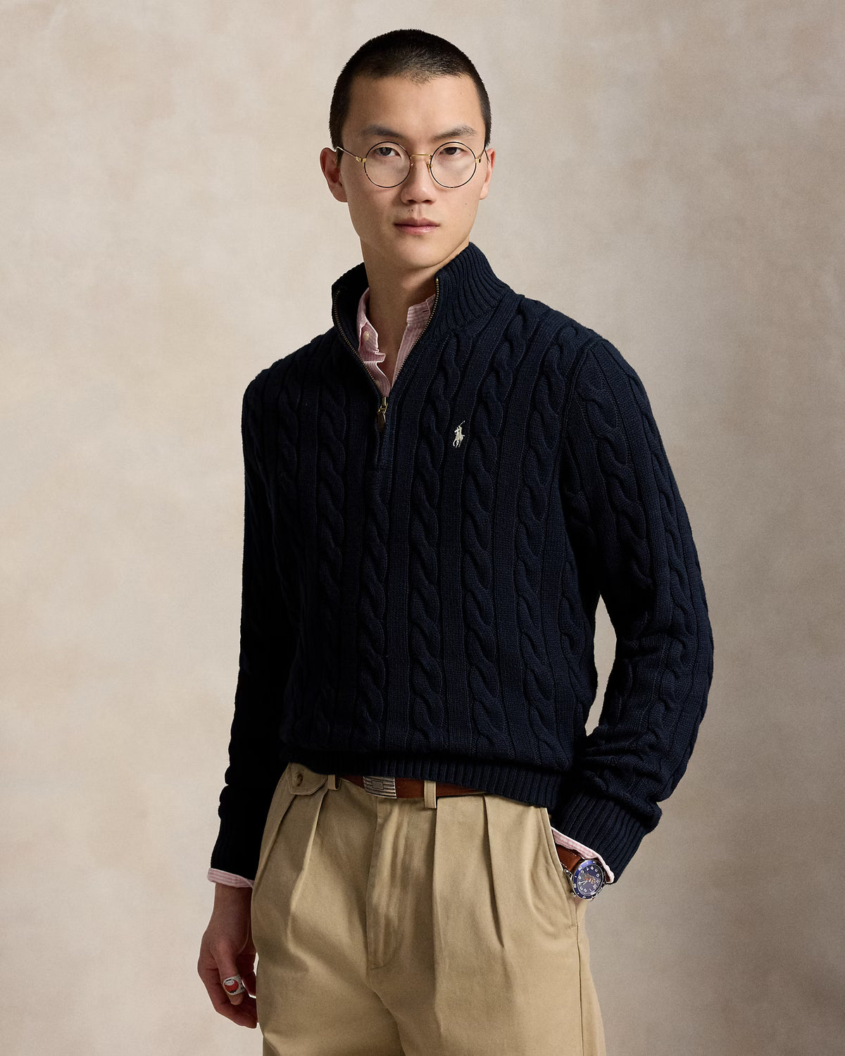 Cable-Knit Quarter-Zip Jumper - Hunter Navy Wh